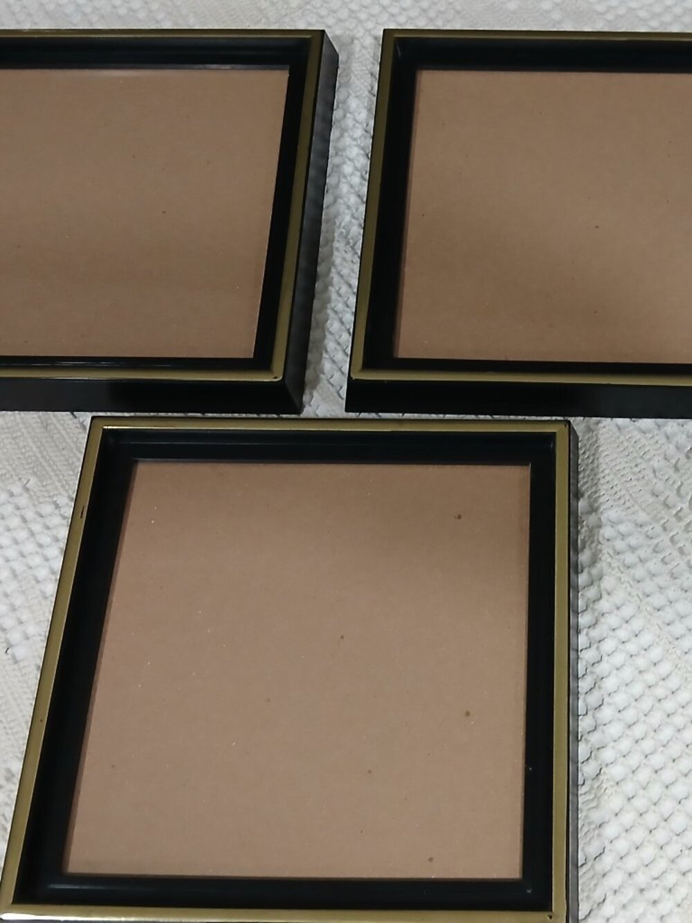Set of Three Black & Gold Plastic Frames with Glass Face, 9 x 9 in. Like new